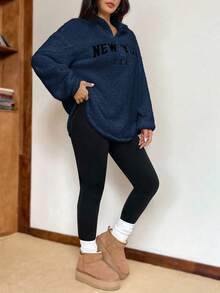SHEIN EZwear 两件套加大码女式字母印花落肩长袖卫衣和长裤套装，藏蓝色 - 藏蓝色 - 查看 6