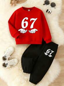 2pcs/Set Young BoyCasual Creative Digit 67 & Palm Print Round Neck Sweatshirt And Pants Cozy Fall & Winter Outfit - Multicolor - View 4
