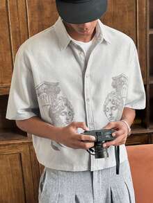 SWAVVY Men's Fashionable Roman Portrait Print Shirt - Light Grey - View 5