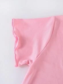 SHEIN 2件套 少女甜美粉色短袖连衣裙，饰有可爱蝴蝶结图案，柔软舒适的针织家居服，送给青少年女孩的绝佳礼物 - 粉色 - 查看 7