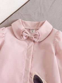 SHEIN 2pcs Young Girls Light Pink Autumn Family Matching Outfit,Peter Pan Collar Bow Knot Long Sleeve Shirt Blouse & White Pants Set For School Party - Pink - View 6