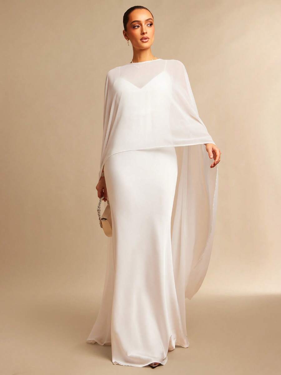 Silquee Váy voan đuôi cá viền satin màu trơn thanh lịch dành cho nữ - trắng - Xem 1