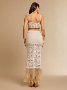 Silquee 两件套时尚金色镂空吊带背心和镂空下摆半身裙套装 - 金色 - 查看 2