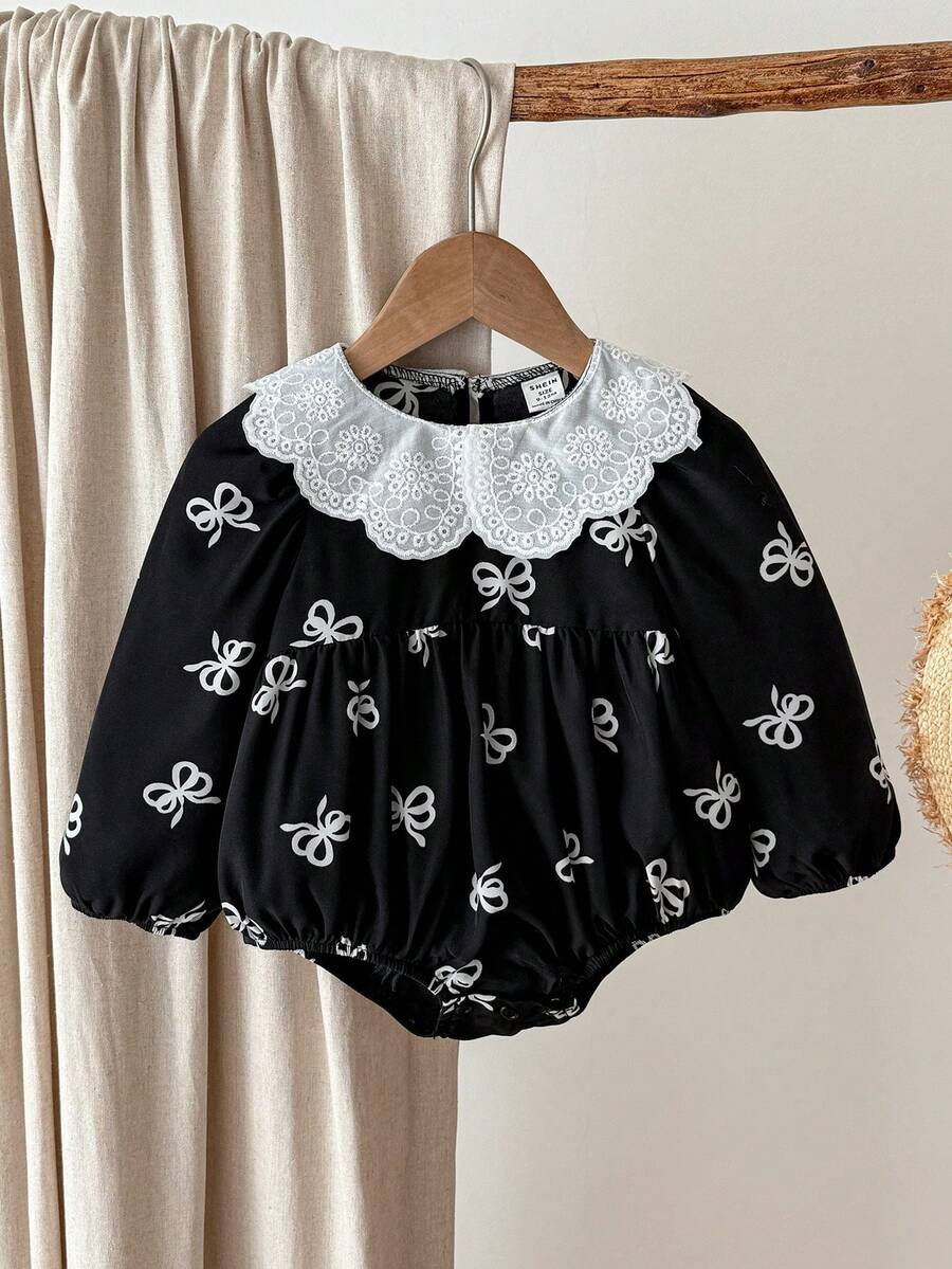 LMoss Kids LMoss 女婴可爱彼得潘领连体衣,带蝴蝶结印花,休闲时尚,适合派对、室内和室外穿着。 - 彩色 - 查看 1
