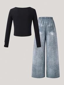 SUMWON 少女星形印花长袖上衣阔腿裤套装休闲家居服度假装 - 黑色 - 查看 4