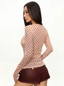 INAWLY Women's Long Sleeve Heart Print Fitted Tie Front Fashionable T-Shirt - Multicolor - View 2