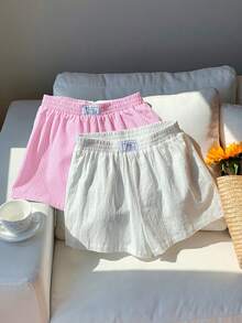 Comfortcana 两件套女士夏季休闲宽松短裤，粉色条纹蝴蝶结亚麻短裤和白色抽绳裹身短裤，适合海滩度假，超短款短裤 - 粉色 - 查看 5
