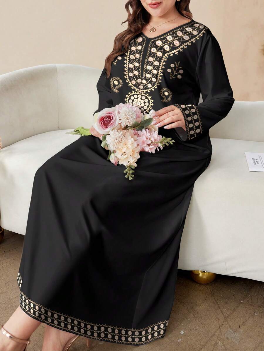 SHEIN Najma Đầm maxi họa tiết hoa hạt điều và hình học cỡ lớn dành cho nữ, cổ chữ V, tay dài, phong cách Ả Rập thanh lịch, mùa xuân - Nhiều màu - Xem 1