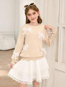 Beige,Autumn,Cute,Matching Family Girls Sweater & Skirt Set,Long Sleeve Crew Neck Ribbed T-Shirt With 3D Bow Decor + Lace Patchwork Layered Mini Skirt - Khaki - View 5
