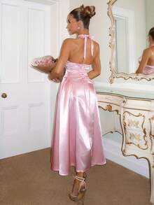 Glamine Damen einfarbiges Satin Abendkleid, elegantes Damen Kleid mit V-Ausschnitt und ärmellos, ausgestellter Damenkleider, Damenbekleidung für Geburtstag, Sommer, Valentinstag, rosa Seidenkleid, rosa Satinkleid, Bodenlanges Kleid, Abendkleid, Partykleid, elegantes Abendkleid, Ausgehkleid, Belle elegantes Kleid, Damen Abendkleid - Pink - Übersicht 2