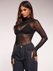 Radiana Women's Sexy Casual All-Match Black Sheer Mesh Long Sleeve Turtleneck Bodysuit, Black Sheer Top, Versatile All-Match Top, Casual Everyday Wear, Slim Fit Top, Suitable For Night, Gathering, Party, Club, Nightclub, Cocktail Party, Carnival, Music Festival, Holiday Outfit - Black - View 3