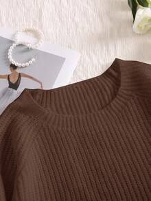 CosyJoli Plus Size Crew Neck Long Sleeve Sweater With Hollow Bowknot Decor, Cute Fairy Style, Loose Fit, Apricot Knit Pullover In Fall/Winter - Brown - View 4