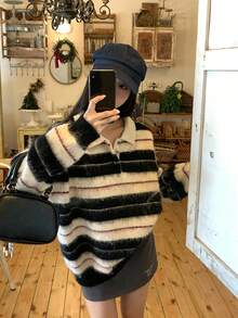 DAZY 女士翻领条纹抓绒韩版长袖毛衣，秋冬款 - 黑與白 - 查看 4