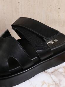 SHUZIA Luke & Comfortable Essential 女士经典畅销款魔术贴搭扣镂空厚底休闲PU黑色拖鞋