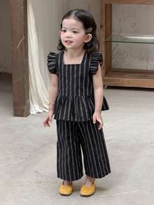 DAZY 2pcs Baby Girls' Striped Ruffle Trim Sleeveless Shirt And Pants Set Toddler Girls Clothes - Light Grey - View 1