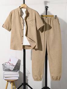 2pcs/Set Teen Boy Gentleman Outfit, Khaki Collared Shirt + Khaki Pants, Versatile Suit For Business, School, Party, Daily Casual Wear, Elegant & Minimalist Style - Khaki - View 8