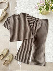 LMoss Kids LMoss   Young Girl Striped Round Neck Short Sleeve T-Shirt And Pants Casual Outfit - Multicolor - View 2