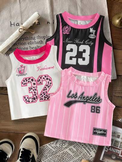 3pcs/Set Young Girl Letter Print Contrast Color Collar Fashionable Short Sports Top
