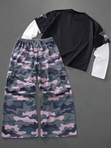 Manfinity Roghcode Men's Letter Camo Print 2 In 1 Long Sleeve T-Shirt And Cargo Pants Casual Suit Men 2 Piece Set Camo Set Mans 2 Pieces Sets - Multicolor - View 4
