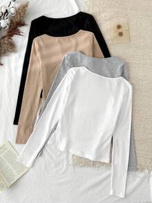 Tseoso 4 sztuki 95% bawełny, jednokolorowe, swobodne i uniwersalne koszulki z kwadratowym dekoltem i długim rękawem dla kobiet, odpowiednie na wiosnę, jesień i zimę