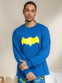 BATMAN X SHEIN Men's Bat Print Drop Shoulder Loose Long Sleeve Top And Pants Loungewear Set, Spring/Autumn - Blue - View 4