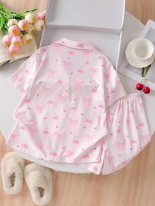 Bộ đồ ngủ cho bé gái tuổi teen, áo ngắn tay in họa tiết bướm màu xanh nhạt, cài nút phía trước và quần short, đồ ngủ 2 món thời trang và thanh lịch - Màu Hồng baby - Xem 2