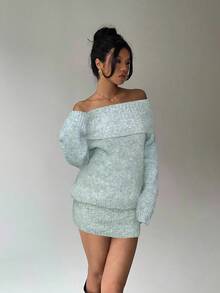 Aloruh Grey Off-Shoulder Turtleneck Long Sleeve Mini Dress, Loose Top Tight Bottom, Suitable For Young Ladies, Autumn/Winter - Green - View 4