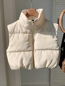 Comfortcana 纯色拉链前开襟短款背心冬装外套 - 杏色 - 查看 3