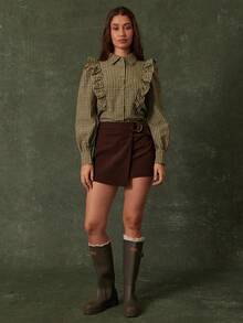 WESTFADE 翻领纽扣荷叶边长袖棉混纺格子衬衫，可爱秋季上衣，休闲牛仔风，适合秋季、秋冬季、波西米亚风、乡村音乐会、西部风格等场合，女士西部服饰 - 棕色 - 查看 3