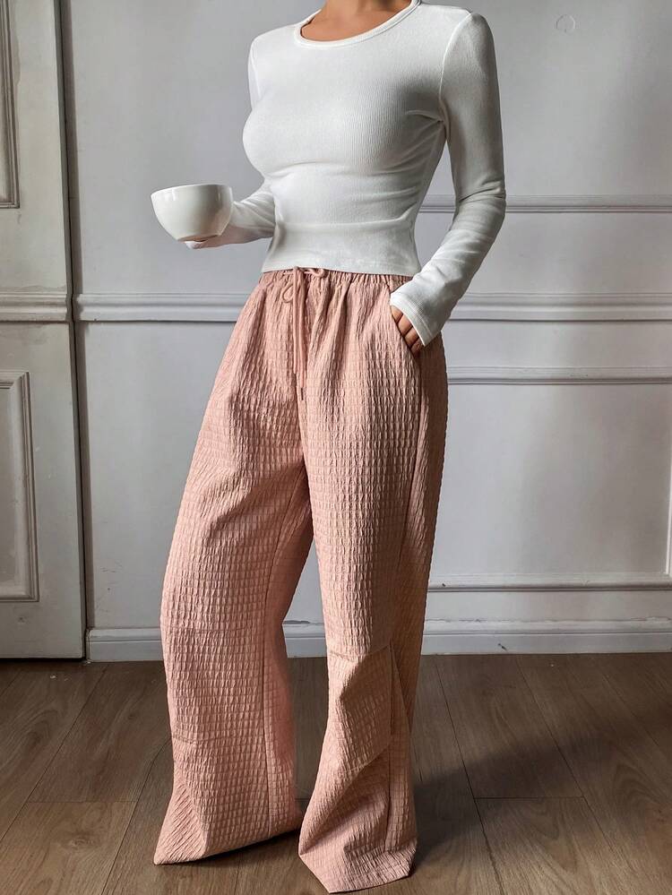 Women's Autumn/Winter Solid Color Cropped Top And Relaxed Fit Long Pants Homewear Set