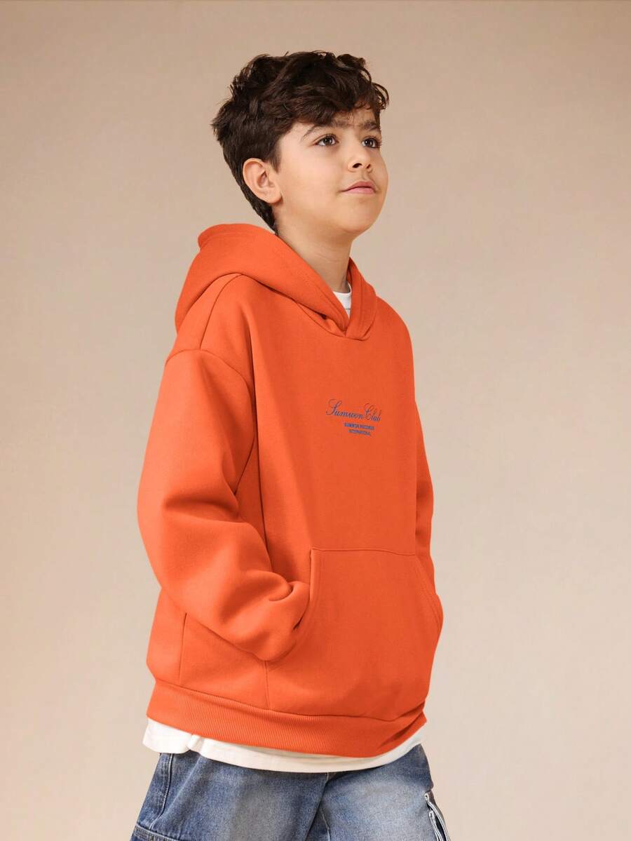 Áo hoodie SUMWON dành cho bé trai, có chữ viết tay, túi giữa và logo thêu, thích hợp mặc thường ngày hoặc đi nghỉ mát. - trái cam - Xem 1