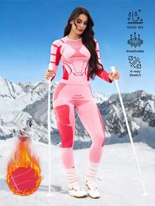 SHEIN Sports Women's Comfortable Printed Long Sleeve Crew Neck Ski Jacket Workout Sets Women Pink Women Active Wear Set Pink Sport Set Pink Activewear Set Gym Clothes Women Set Long Sleeve - Red - View 6