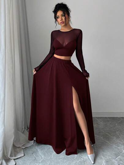 SHEIN PETITE Wine Red Mesh Patchwork Women's 2-Piece Set: T-Shirt & Long Skirt, All-Match Minimalist Sexy Outfit For Vacation, Valentine's Day, Music Festival, Back To School, Everyday Casual Wear, Long Sleeve Sexy Classy Two Piece Outfit Elegant Two Piece Set Two Piece Dress Long Dress With Slit Two Piece Long Skirt Set