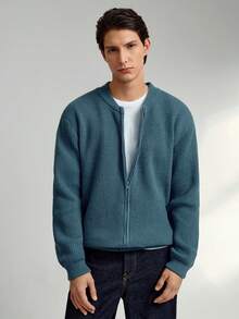 RONVEXI Men's Solid Color Long Sleeve Casual Zip-Up Knit Cardigan, Autumn/Winter - Dusty Blue - View 3