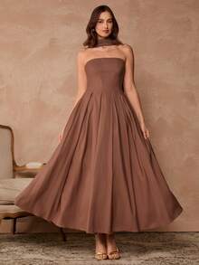 Enchnt Vestido sin tirantes con diseño plisado y acampanado, de moda para fiestas y reuniones - Café integral - Ver 7