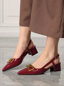 Sleekvia Damskie buty na grubym obcasie z noskiem w szpic, z metalową klamrą, w modnym stylu, w kolorze bordowym, z paskiem z tyłu i klamrą - Burgund - Zobacz 5