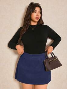 Elaquor 大码女式纯色高腰休闲百搭半身裙 - 藏蓝色 - 查看 7