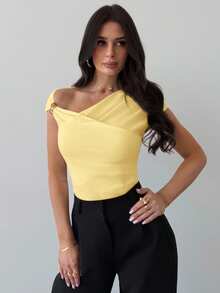 Firerie Women's Asymmetric Shoulder Wrap Ruched Waist Tight Fit T-Shirt, Elegant Modest Daily Commute, Spring/Summer - Pale Yellow - View 3