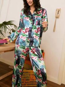 Chillnights Conjunto de pijama de mujer con cárdigan de solapa con estampado de leopardo y hojas florales - Verde - Ver 1