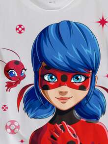 Miraculous Ladybug X SHEIN 少女休闲卡通图案圆领短袖T恤，夏季 - 白色 - 查看 4