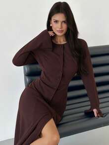 Firerie 女士优雅浪漫休闲日常通勤连衣裙，棕色针织面料，收腰长袖A字修身长裙，春秋冬新款，教师装，复古风，优雅通勤装，工作装，精致约会之夜，家庭聚会，假日出游 - 棕色 - 查看 5