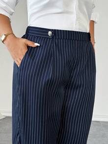Elenzga Women's Elegant Minimalist Striped Fabric Casual Pants With Pockets, Versatile For Daily Wear, Spring/Autumn - Navy Blue - View 4
