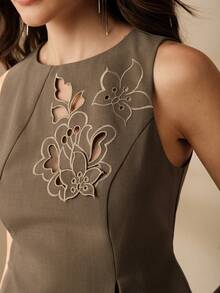 Anewsta Elegant Embroidered Waist Fitted A-Line Asymmetrical Hem Women's Tank Top - Khaki - View 5