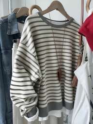 Franclia 韓国風ファッショナブルな多目的カラフルなストライプパターンのスウェットシャツ、アウターウェア、撮影、キャンプ、秋冬、学校再開、レディース定番クルーネック向け