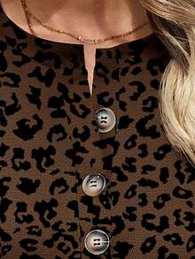 EMERY ROSE 新款女式时尚豹纹纽扣V领T恤 - 咖啡棕 - 查看 3