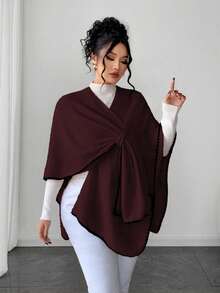 Elenzga 女士优雅时尚宽松大码毛衣斗篷，适合秋冬季外套穿着 - 酒紅色 - 查看 6