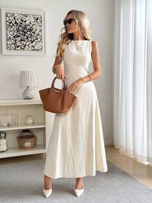 Easowa Damska sukienka na co dzień, w jednolitym kolorze, z okrągłym dekoltem, bez rękawów, na Walentynki, elegancka i elegancka, dopasowana, z czystej białej bawełny, wygodna i oddychająca, na Walentynki - Morela - Zobacz 4