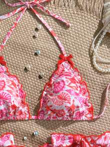 Swim Mod Bộ 2 món, họa tiết đại dương ngẫu nhiên, áo ngực tam giác viền bèo nhún và quần bơi buộc dây bên hông, bộ bikini gợi cảm cho kỳ nghỉ xuân/hè, bộ bikini đi biển hai mảnh, bộ bikini buộc dây, bộ bikini bèo nhún, bộ bikini màu hồng rực rỡ, bộ đồ bơi kiểu miền Tây cho nữ, bikini kiểu miền Tây, bikini hoa, bikini đầu lâu - Nhiều màu - Xem 6