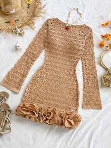 Soleia Women's Solid Color Hollow-Out Backless Knit Mini Dress, Beach Vacation Outfit, Spring/Summer, Bohemian Style, Suitable For Layering In Autumn/Winter