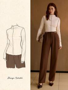 MOTF PREMIUM 女士秋冬高领修身时尚撞色拼接设计T恤 - 杏色 - 查看 2